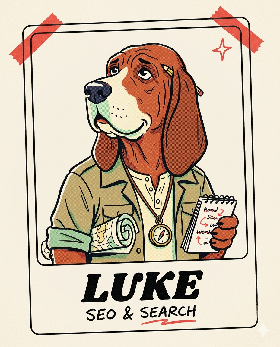 Luke, illustrated as a bloodhound in a safari shirt holding a notebook. SEO and Search.
