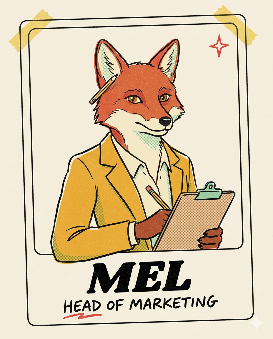 Mel, illustrated as a fox in a yellow blazer holding a clipboard. Head of Marketing.