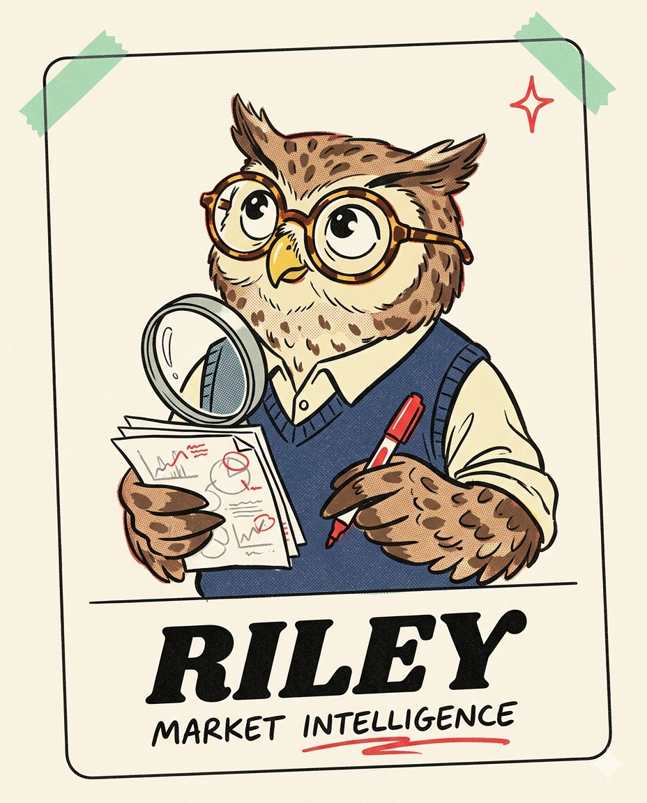 Riley, illustrated as an owl with glasses holding a magnifying glass and notes. Market Intelligence.