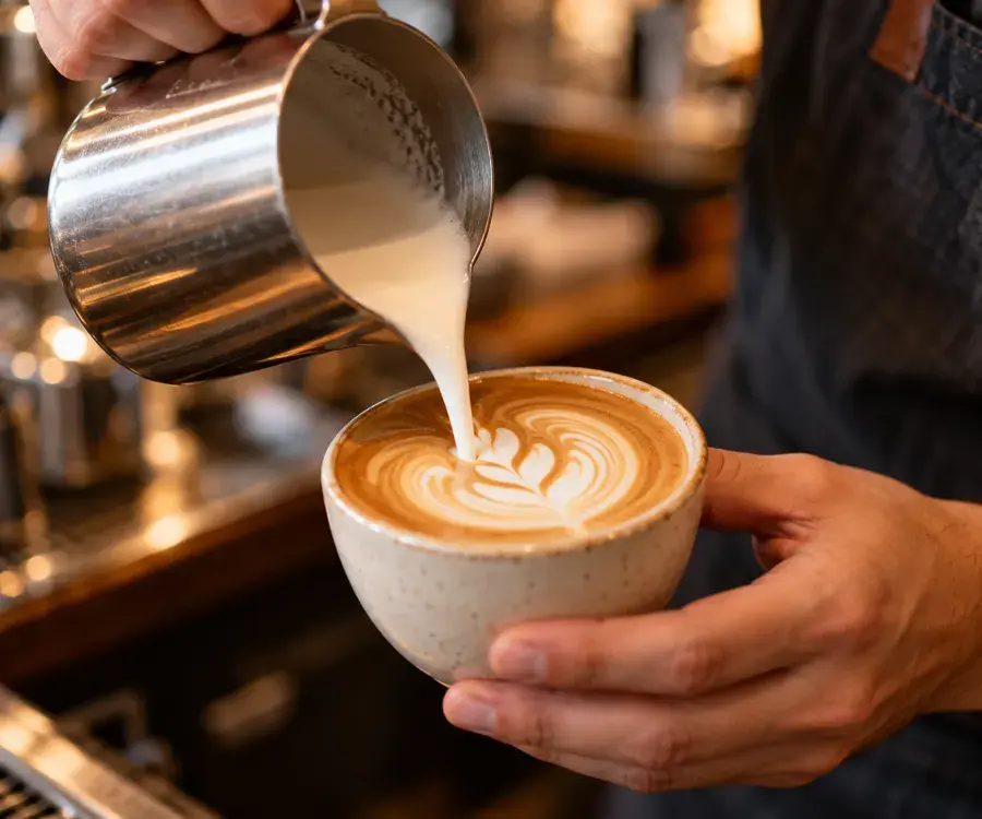 A barista pouring milk into an espresso
