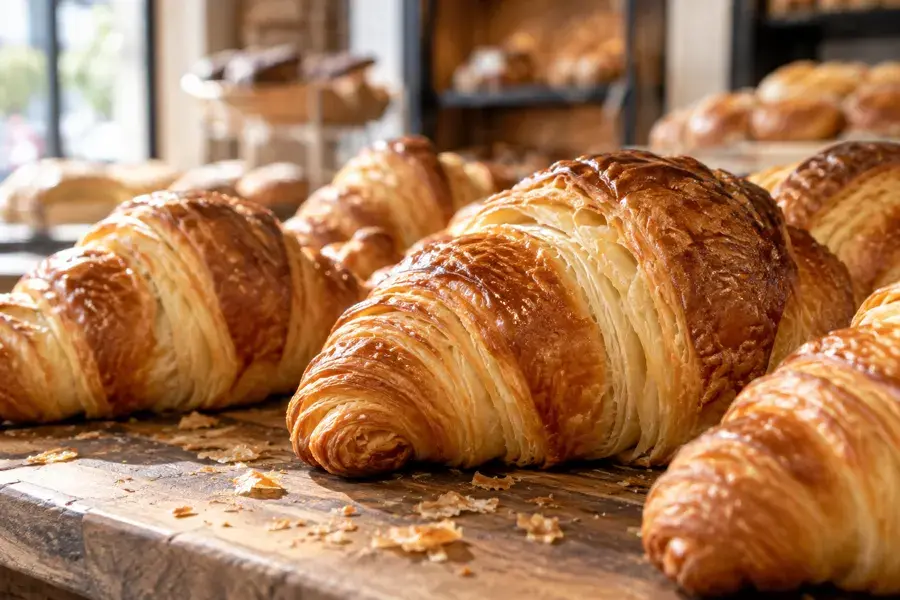 Fresh croissants on a bakery counter