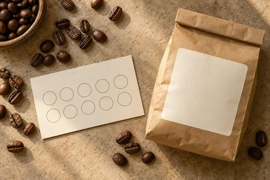 Coffee beans, a loyalty card and a kraft coffee bag
