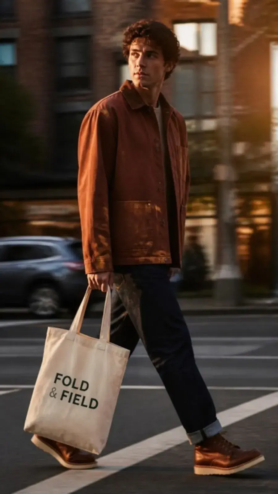 A man on a city street carrying a Fold & Field tote