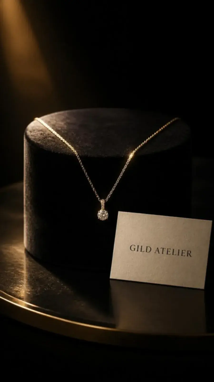 A gold pendant on a velvet stand beside a Gild Atelier card