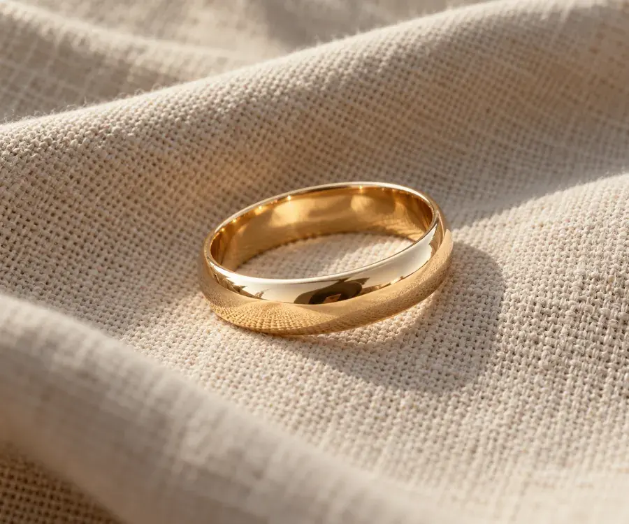 A gold band ring on natural linen